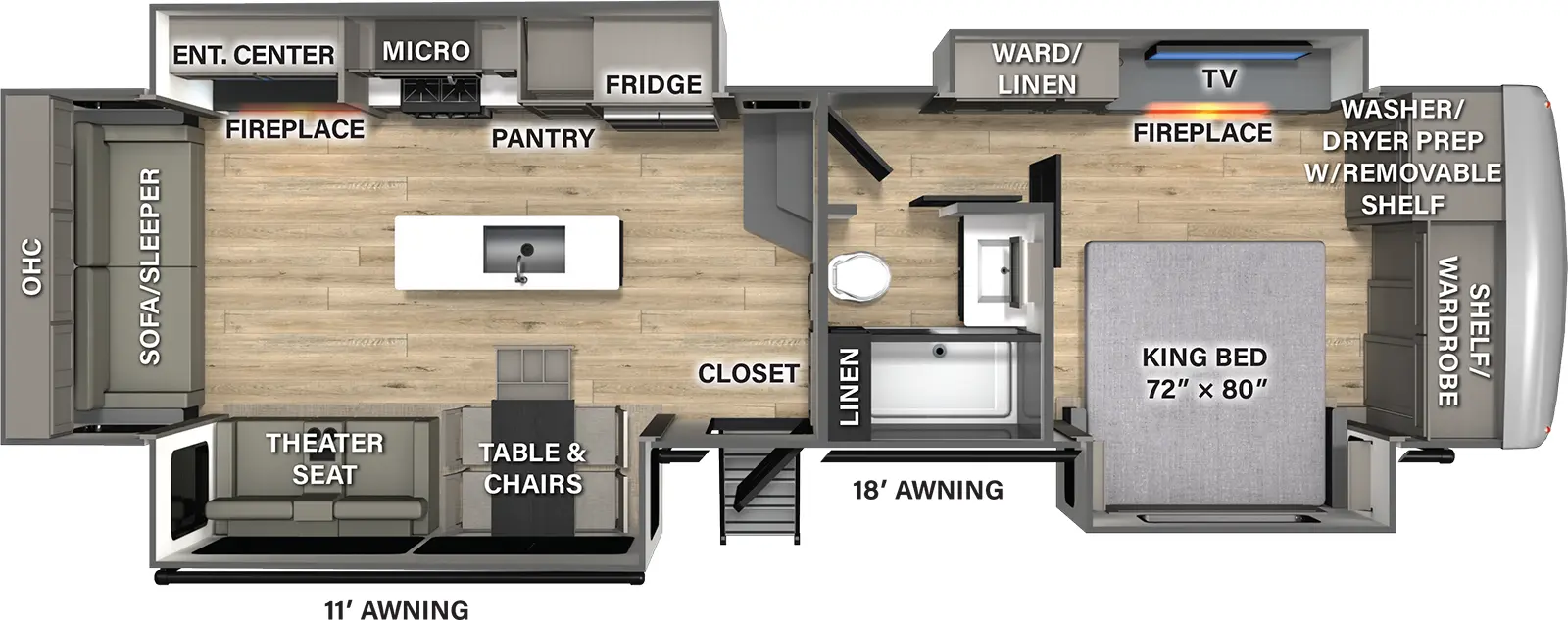 The Columbus 380RL floorplan has one entry and four slide outs. Exterior features include: fiberglass exterior and 11' & 18' awning. Interiors features include: kitchen island, free-standing dinette option, front bedroom and rear living.